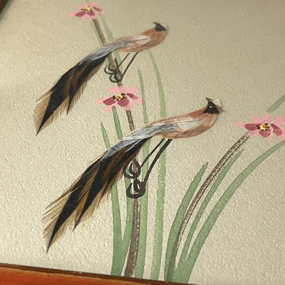 Vintage Feather Bird Art Pair Framed Mid Century Nature Scene Wall Decor - Picture 4 of 4